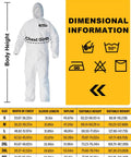 Sizing chart next to a Disposable Hazmat Coverall for Full Body Protection Painter Suit, showing dimensions and care symbols.