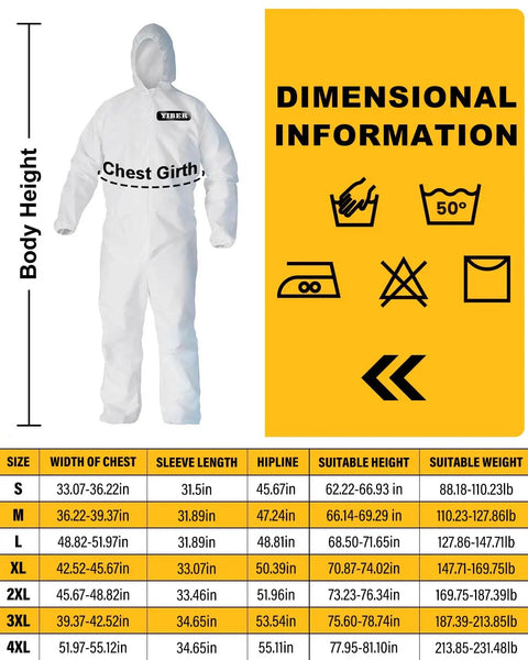 Sizing chart next to a Disposable Hazmat Coverall for Full Body Protection Painter Suit, showing dimensions and care symbols.