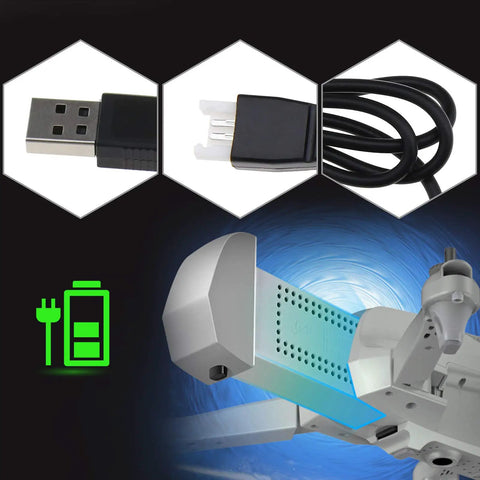2X USB Charger Cable For RC LiPo Battery Power Supply And Charging Cord For Syma X5C X5SC X5SW H107C Quadcopter Drones USB Charging Lead With Beefy Connectors For Quick Charge And Rugged Reliable Performance In The Field, shown with drone, USB and battery icon