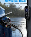 Portable Level 1 And 2 EV Charger With 25 Ft J1772 Cable And Dual NEMA Adapters For Home Electric Vehicles Featuring Smart LCD Display Adjustable Amperage Scheduling And Swift Plug And Go Convenience Black charging a vehicle in the rain.