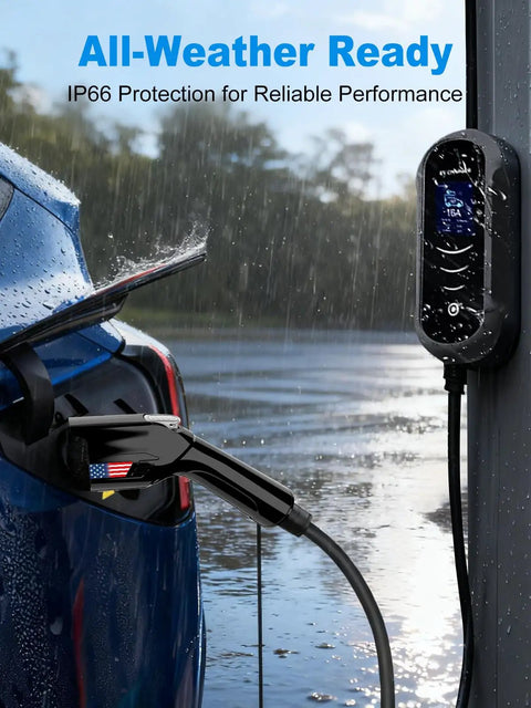 Portable Level 1 And 2 EV Charger With 25 Ft J1772 Cable And Dual NEMA Adapters For Home Electric Vehicles Featuring Smart LCD Display Adjustable Amperage Scheduling And Swift Plug And Go Convenience Black charging a vehicle in the rain.