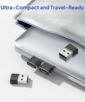 4 Pack USB C Female To USB A Male Car Charger Adapter for iPhone 17 16 Pro Max 15 14 Plus shown with laptop and pouch