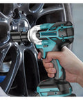 Heavy Duty Brushless Impact Wrench, Cordless High Torque Electric Power Tool For Tire Repair And Auto Bodywork used on a car wheel.