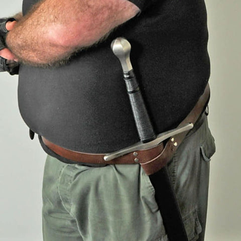 Adjustable Genuine Leather Sword Belt For Costume And LARP with stainless steel buckle, shown on waist holding sword