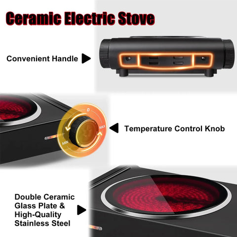 Dual Infrared 1800W Hot Plate Portable Electric Stove With Glass Cooktop And Adjustable Temperature Control Stainless Steel Double Burner For Dorm Office Home Or Camping Use, showcasing control knob and ceramic glass top