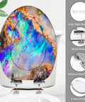 Toilet Seat Resin for Bathroom with colorful stone design, 14.5" x 18.5" size, featuring stainless steel hinges.