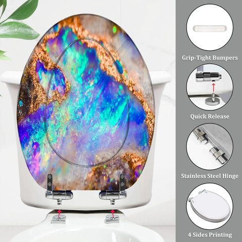 Toilet Seat Resin for Bathroom with colorful stone design, 14.5" x 18.5" size, featuring stainless steel hinges.