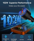 Durable Three Port USB C Car Charger 102W Rapid Fire Juicing Adapter with dual Type C and USB A ports and cooling ventilation.