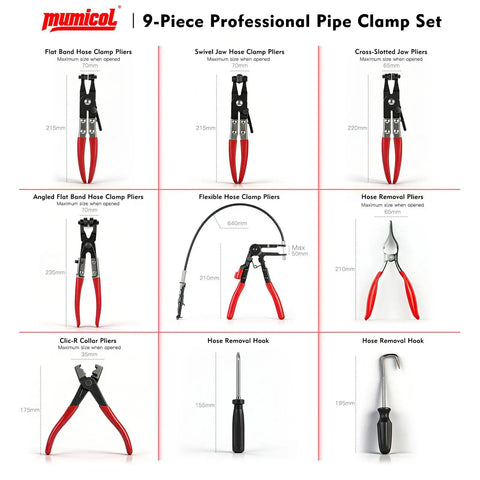 9 Piece Hose Clamp Pliers Set Heavy Duty Pro Grade Locking Long Reach Tools For Automotive Work Flexible Wire Pliers