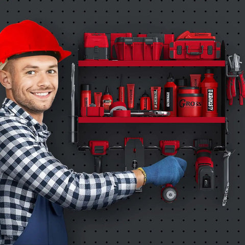Garage Power Tool Organizer Wall Mount Rack For Cordless Drills And Heavy Duty Storage, Space Saving Steel Tool Holder, Easy Access, Durable Construction, Ideal Gift For Men And Dads Red