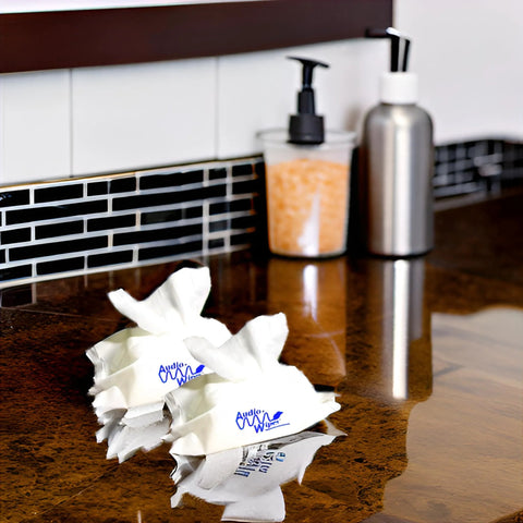 Audiologist's Choice Audiowipes towelettes, two-pack, white with blue logo on brown countertop.
