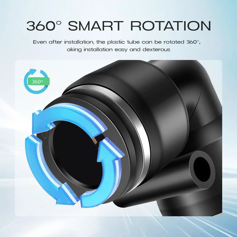 360° smart rotation feature of 53 Piece Air Line Quick Connect Fittings Kit With One Eighth Inch One Quarter Inch Three Eighths Inch One Half Inch Push To Connect Fittings For Pneumatic Quick Release Air Hose Kit Includes Straight Elbow Tee NPT Couplings And Cutter