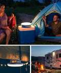 Camping scene with 10000mAh Rechargeable Lantern With 3000LM Output illuminating a tent and cooler outside.