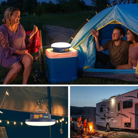 Camping scene with 10000mAh Rechargeable Lantern With 3000LM Output illuminating a tent and cooler outside.