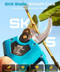 Image of Cordless Pruning Shears For Garden, 1.2 Inch Cutting, Brushless Motor, shown cutting a branch with SK5 blade
