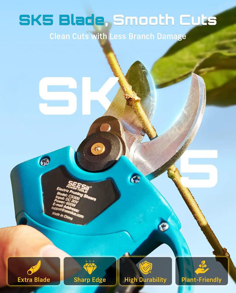 Image of Cordless Pruning Shears For Garden, 1.2 Inch Cutting, Brushless Motor, shown cutting a branch with SK5 blade
