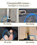 Image showing non-repairable zipper issues like missing pins or boxes. Related to the 12 Piece Zipper Repair Kit With Locking And Non Locking Sliders And Top And Bottom Stops For Coats Jackets Backpacks Bags And Metal Or Plastic Zippers For On The Go Fix.