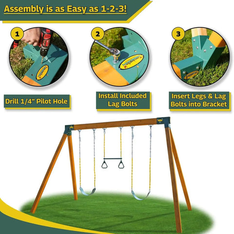 DIY Swing Set Hardware Kit With Easy A-Frame Brackets, Swing Seats, Ring Trapeze Bar, All Assembly Hardware And Clear Instructions, Free-Standing Outdoor Playset For Kids, Wood Not Included