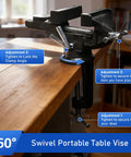 Portable Bench Vise With 360 Degree Swivel Base Clamp On Table Vise for Golf Grip Repair and DIY Projects attached to table.
