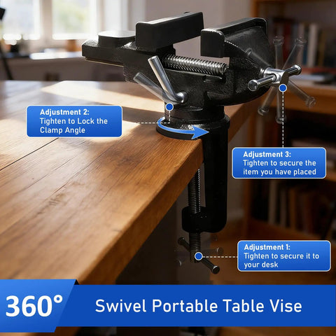 Portable Bench Vise With 360 Degree Swivel Base Clamp On Table Vise for Golf Grip Repair and DIY Projects attached to table.