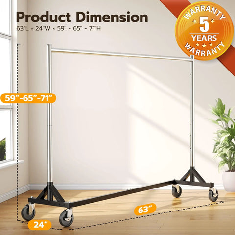 Heavy Duty Rolling Garment Rack With 500LBS Capacity Adjustable Chrome Clothes Rack On Wheels Portable Z Base Steel Garment Rack