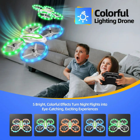 Mini Drone For Kids Beginners Easy To Fly RC Quadcopter With Colorful LED Lights flying near kids indoors