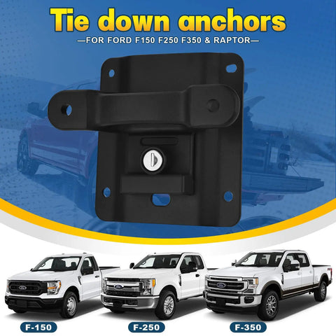 Top Shelf Rock Solid Bed Tie Down Anchors Box Link Bracket Kit With Keyed Locking Plates And Die Cast Zinc Housing For Ford F150 F250 F350 Raptor 2015 To 2022 close-up of black anchor with locking feature