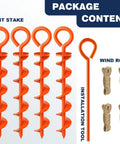 Package of Beefy Heavy Duty Canopy Tent Stakes And Dog Tie Out Stakes Corkscrew Ground Anchors In Steel with iron rod tool and wind ropes.
