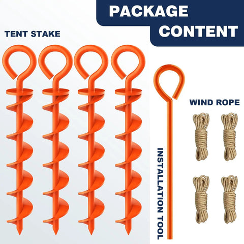 Package of Beefy Heavy Duty Canopy Tent Stakes And Dog Tie Out Stakes Corkscrew Ground Anchors In Steel with iron rod tool and wind ropes.