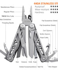 13 In 1 Multitool Pliers Kit With Safe Locking Carabiner And Sheath For Fishing And Camping, open view showing tools and features.