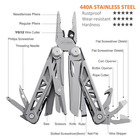 13 In 1 Multitool Pliers Kit With Safe Locking Carabiner And Sheath For Fishing And Camping, open view showing tools and features.