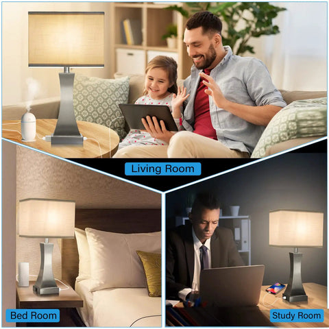 3 Way Dimmable Table Lamp With Touch Control For Bedside Or Desk, Built In USB A And USB C Ports Plus Outlet in bedroom, living room, and office settings