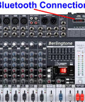 16 Channel Pro Bluetooth Studio Mixer For DJ Setup And Live Sound, USB MP3 Player, 14 Mic Inputs, 7 Band EQ, close-up top view