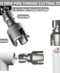 Integrated Internal And External Pipe Threading Tool For One Half Inch And Three Quarter Inch PVC Pipes shown close-up.