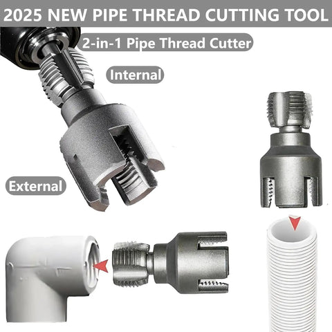 Integrated Internal And External Pipe Threading Tool For One Half Inch And Three Quarter Inch PVC Pipes shown close-up.