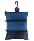 Front view of Portable Golf Ball Storage Bag With Multiple Zip Pockets And 3 Compartments Lightweight Blue Golf Organizer