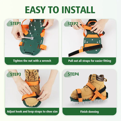 Step-by-step guide on how to use Adjustable Lawn Aerator Shoes With Heavy Duty Spikes for grass and garden, showing straps and fit
