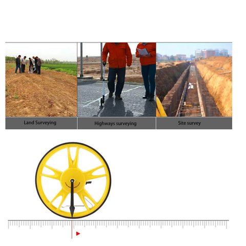 Solid No Fuss Hand Push Mechanical Measuring Wheel With Carry Pouch For Dead On Metric Tracking and Quick Rollouts On Job Sites Or Around The Yard, showing yellow wheel design for easy measuring.