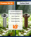 Comparison of 50 Pack Size 10 X 1 Inch Stainless Steel Self Tapping Screws With Phillips Pan Head against Rusty Carbon Steel Screw.