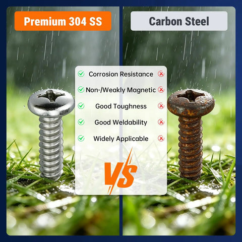 Pro Level 50 Pack 10 X 1.25 Inch Stainless Steel 304 Phillips Pan Head Self Tapping Wood Screws vs carbon steel screws image.