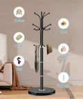Marble Base Coat Rack With 12 Hooks, Freestanding Metal Coat Tree Stand, in living room setting, showing uses for clothes and accessories.