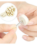 Close-up of a person attaching a wool buffing wheel to a mandrel, part of the Built Tough Wool Buffing Wheels And Grinding Heads With Point Mandrel Kit For Rotary Tools Heavy Duty Felt Polishing Pads Smooth Welds Knock Out Rust And Sharpen Blades In Killer Combo Pack.