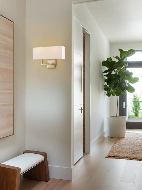 Haven 16 Inch 2 Light Totally Chic Modern Wall Sconce With White Fabric Shade For Bathrooms And Hallways Mid Century Rectangular Silver Wall Light In Brushed Nickel Finish