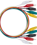 Pro Grade Test Lead And Alligator Clip Set With 20.5 Inch 22 AWG Wires, Five Color Colorway Green White Black Yellow Red, Nickel Plated Clips With PVC Insulators And Heavy Duty Springs, 2 Pack, alligator clip leads on white background