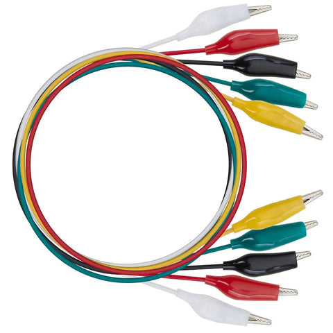 Pro Grade Test Lead And Alligator Clip Set With 20.5 Inch 22 AWG Wires, Five Color Colorway Green White Black Yellow Red, Nickel Plated Clips With PVC Insulators And Heavy Duty Springs, 2 Pack, alligator clip leads on white background