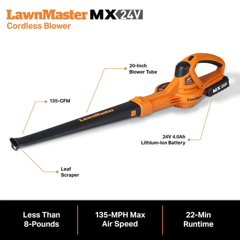 Cordless Lawn Mower And Leaf Blower Combo With Two 4.0Ah Batteries And Charger No Cord Hassle, 24V Max power orange blower