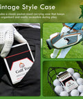24 Piece Premium Bamboo Golf Tees 83mm 3.25 Inches With Vintage Carry Case shown in pocket and golf bag on course