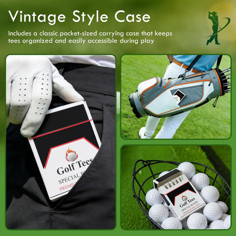 24 Piece Premium Bamboo Golf Tees 83mm 3.25 Inches With Vintage Carry Case shown in pocket and golf bag on course