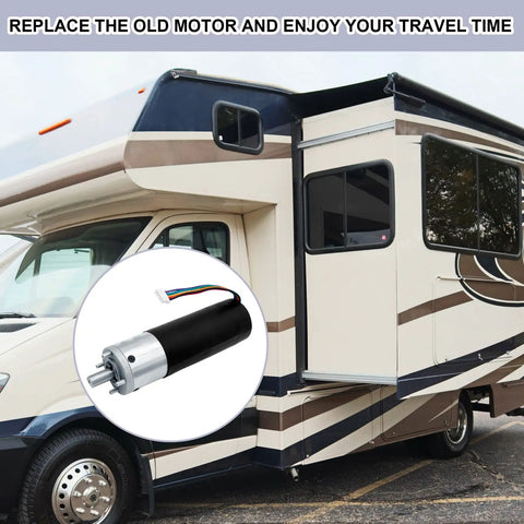 RV In Wall Slide Out Motor Kit 12V DC Heavy Duty with 500 to 1 high torque gear next to a camper slide-out