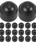 M8 Black Plastic Hexagonal Dome Nut Caps 50 Pack Impact Resistant Protective Covers for Hex Nuts shown in bulk